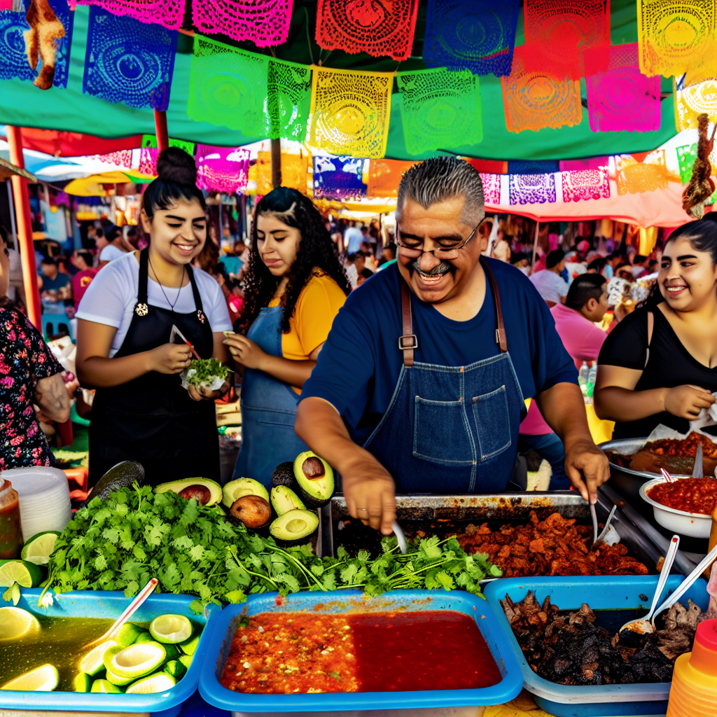 A bustling taco street vendor scene