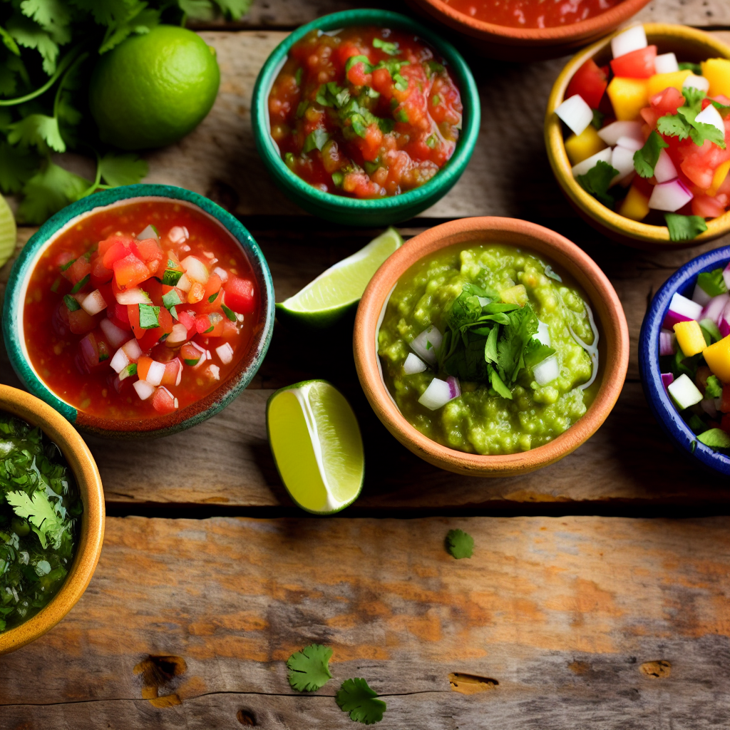 A vibrant and colorful array of different types of salsas in bowls, including salsa roja, salsa verde, pico de gallo, and fruit salsa.