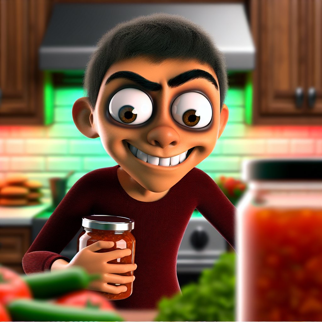 A humorous illustration of a character sneaking into a kitchen holding a jar of salsa, looking around suspiciously.