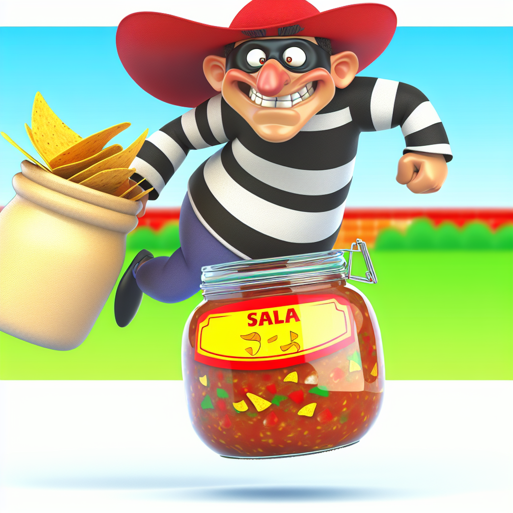 A humorous cartoon image depicting a silly thief sneaking away with a giant jar of salsa, looking mischievous while balancing tortilla chips.