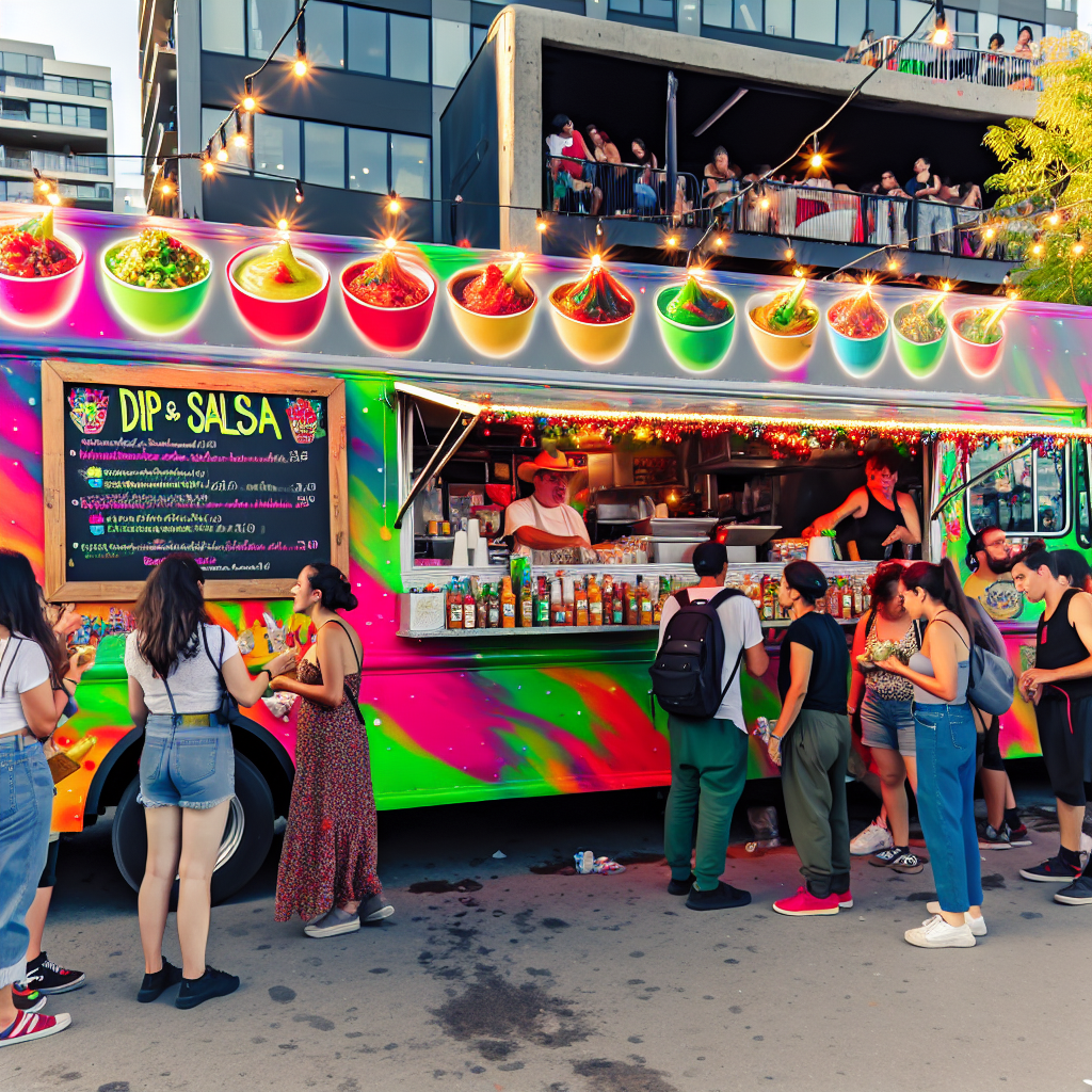 A vibrant food truck selling dips and salsas in a bustling market