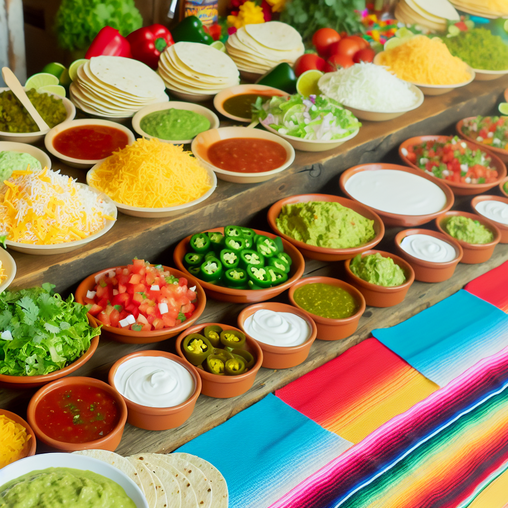 A playful taco bar setup with various toppings and salsas inviting guests to create their own tacos.