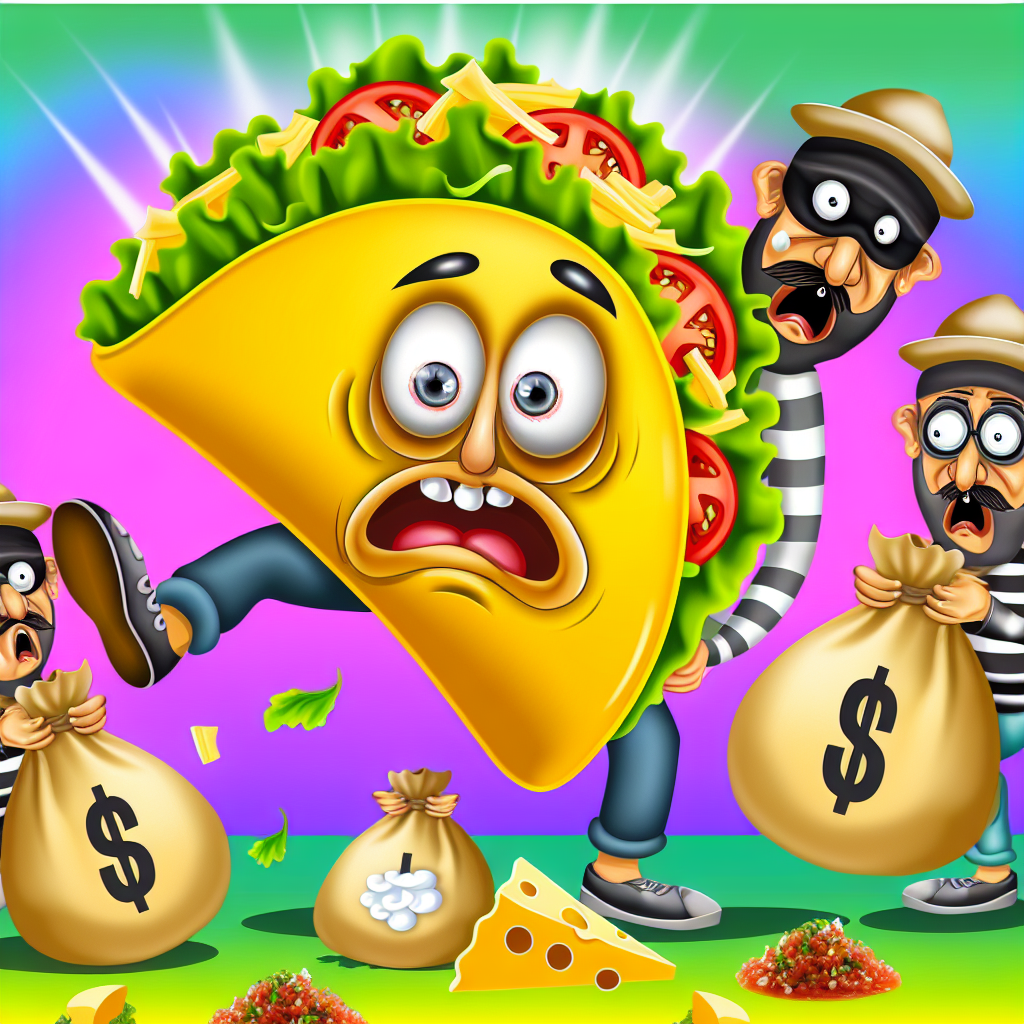 A humorous cartoon depicting a taco being held up by thieves