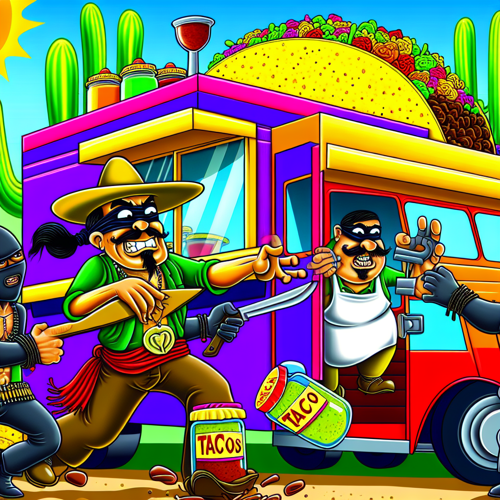 A humorous illustration of masked bandits stealing tacos