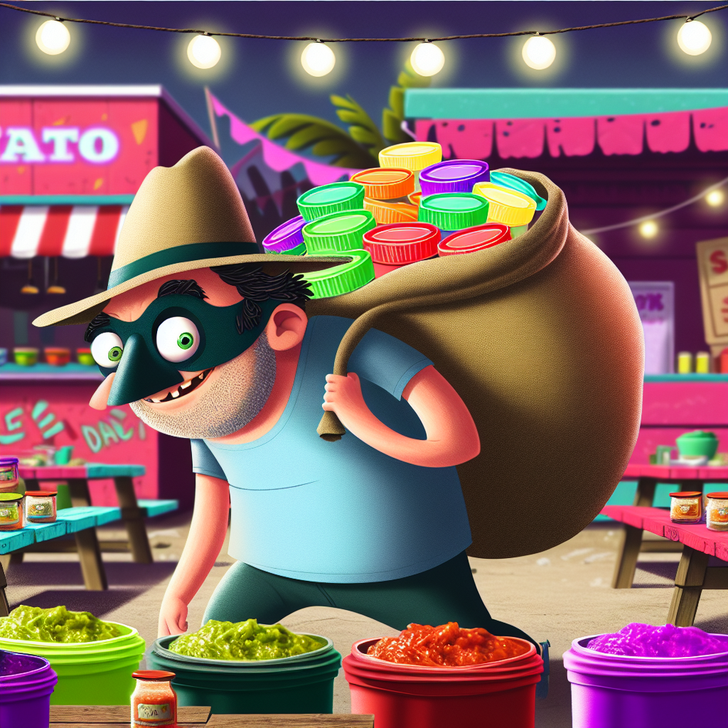 A humorous illustration of a cartoonish thief with a sack full of dips and salsas.