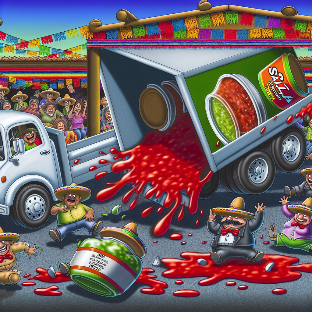 A whimsical illustration of a truck theft scenario involving salsa and dips.