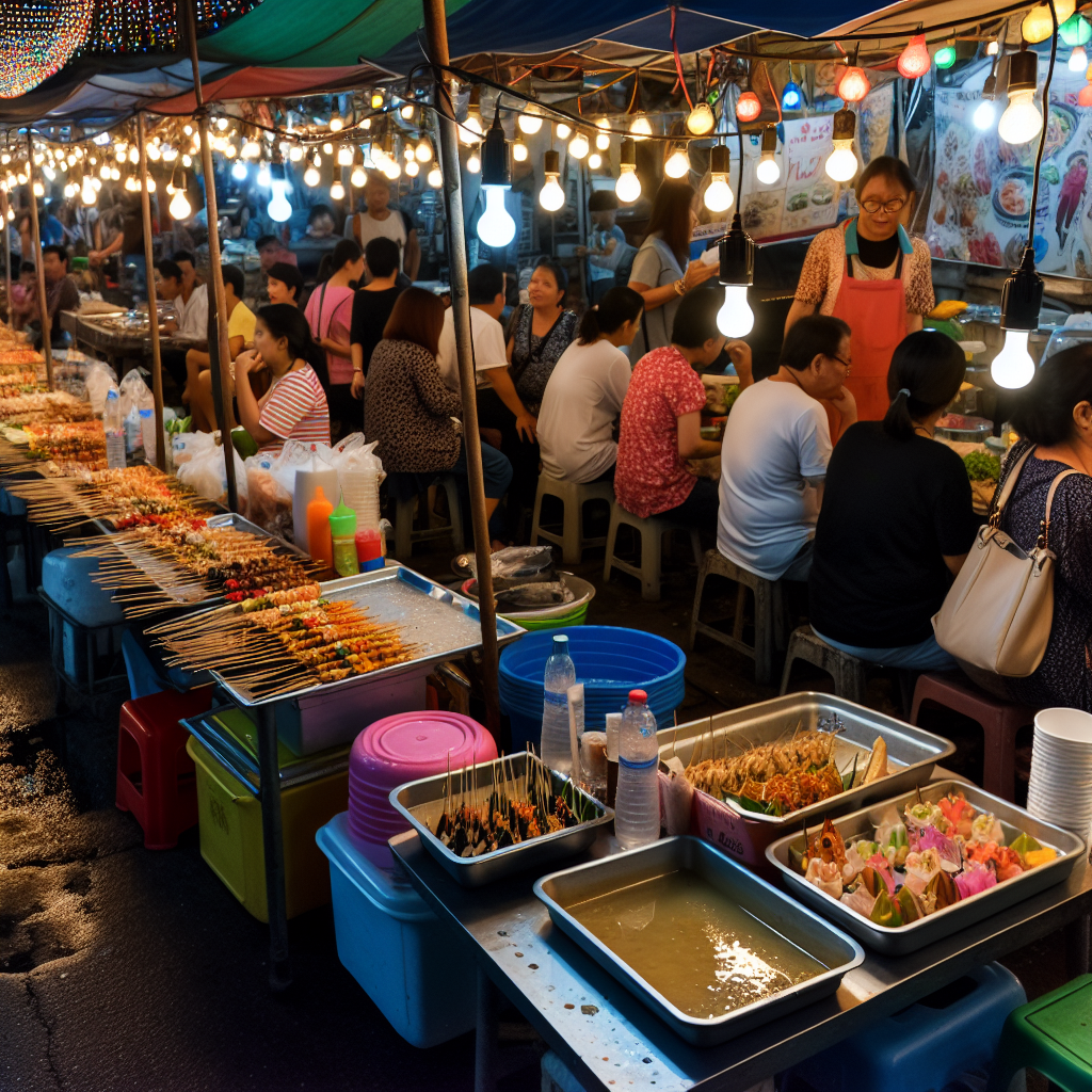 An illustration of a vibrant street food market showcasing diverse food stalls and a lively atmosphere.