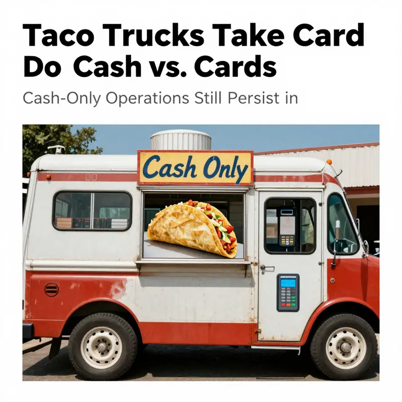 A lively taco truck scene illustrating the vibrant atmosphere and payment options available.