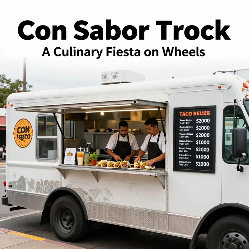The vibrant Con Sabor Taco Truck serving delicious tacos at various locations.