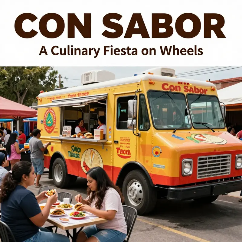A colorful Con Sabor Taco Truck at a food market, surrounded by customers enjoying their meals.