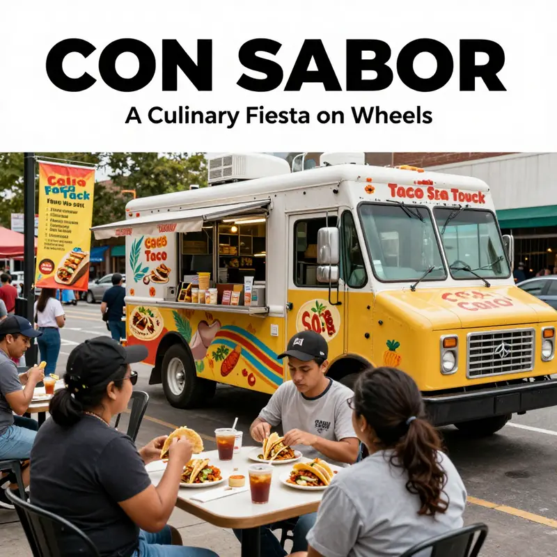 The vibrant Con Sabor Taco Truck serving delicious tacos at various locations.