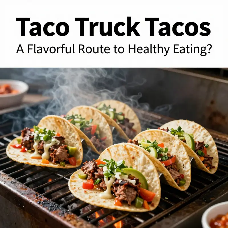 Healthy taco selections displayed at a bustling taco truck.