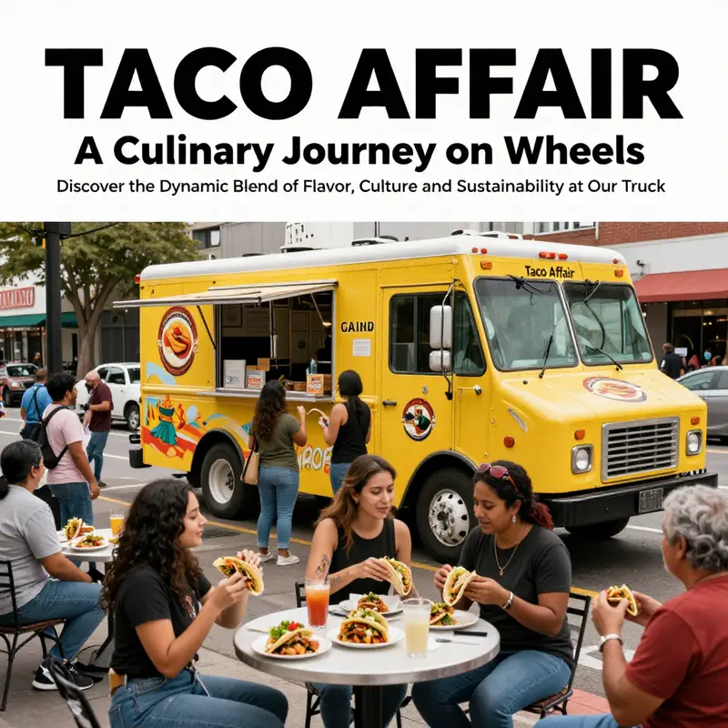 Taco Affair food truck at a busy location with customers enjoying their tacos in an energetic and vibrant setting.