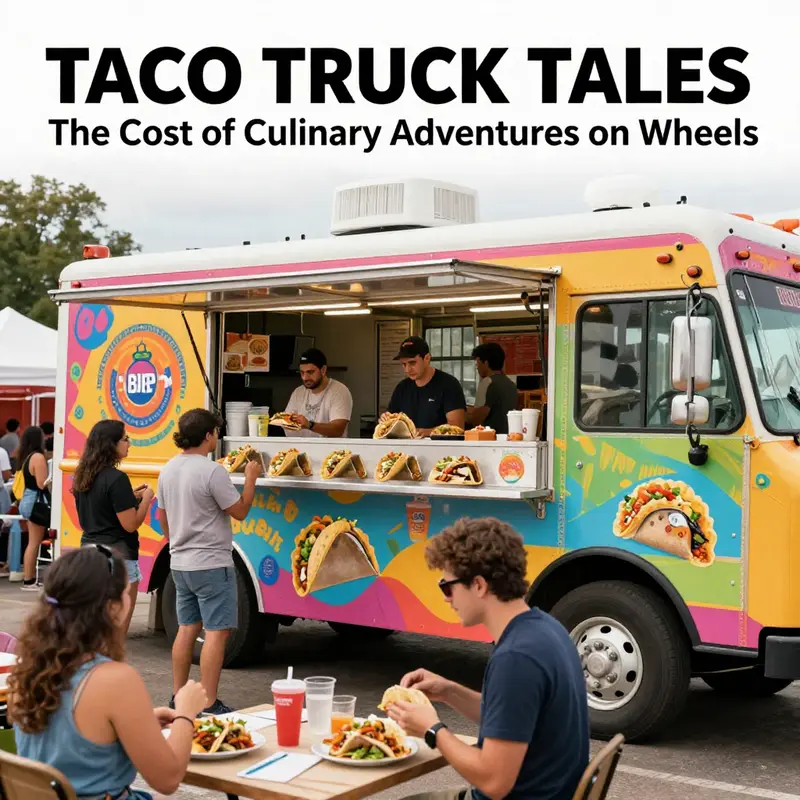 A taco truck in a festive environment, surrounded by happy customers enjoying delicious tacos.
