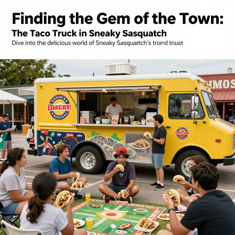 A lively depiction of players enjoying their time around the taco truck in Sneaky Sasquatch, surrounded by vibrant colors and playful elements.