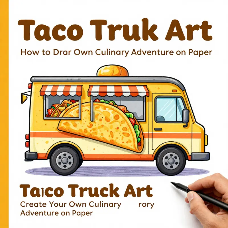 Step-by-step process of drawing a taco truck, showcasing the evolution from basic shapes to a detailed sketch.