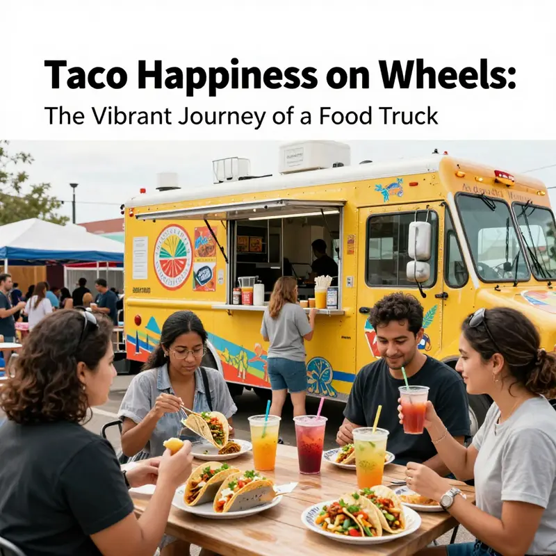 Diverse customers engaging with a food truck, savoring vibrant tacos and burritos while enjoying refreshing drinks.