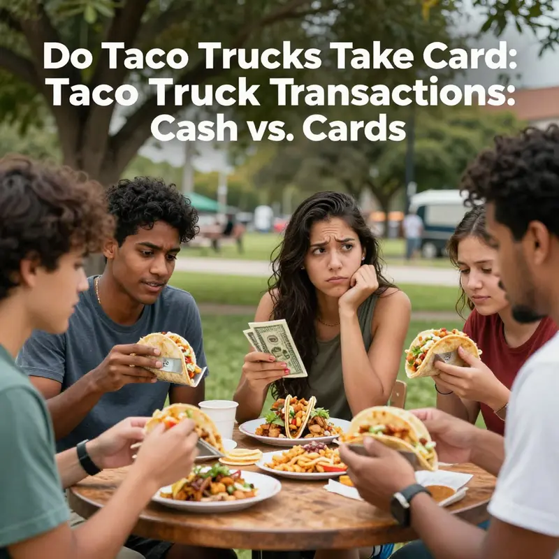 A lively taco truck scene illustrating the vibrant atmosphere and payment options available.