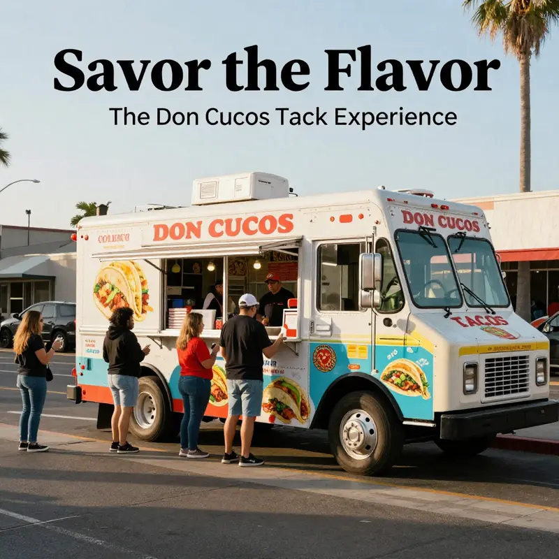The lively exterior of Don Cucos Taco Truck with customers enjoying their meals and a colorful menu displayed.