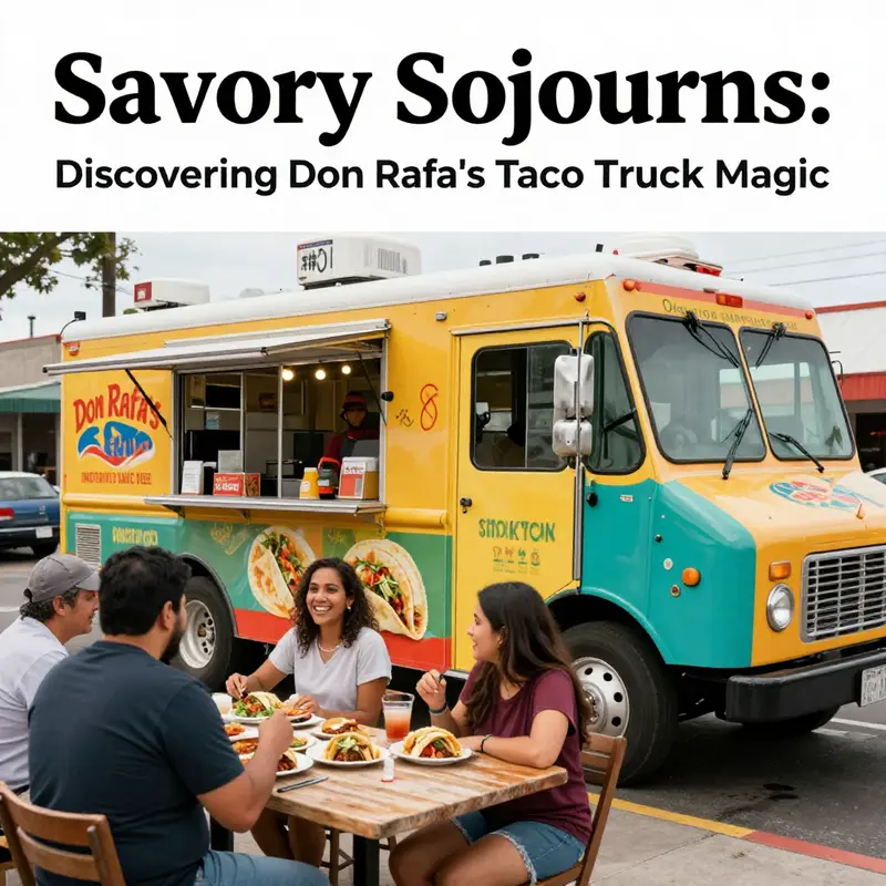 A festive image of Don Rafa's Taco Truck with diners enjoying tacos, showcasing the lively atmosphere.