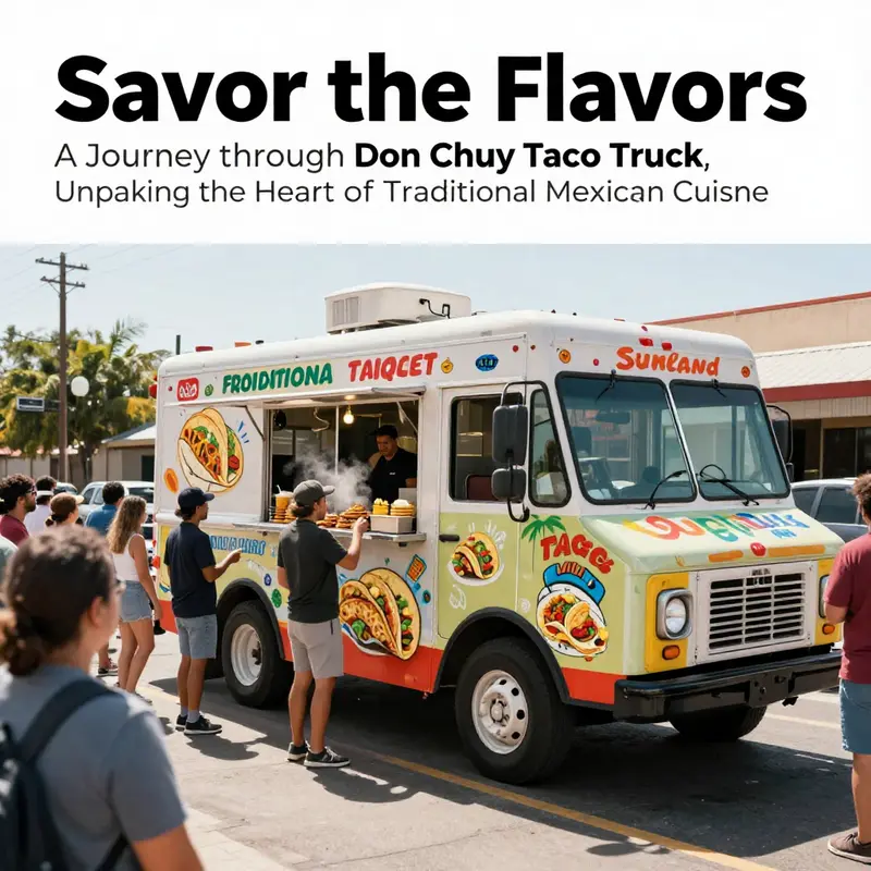 The Don Chuy Taco Truck attracting a crowd of eager customers in a vibrant street setting.