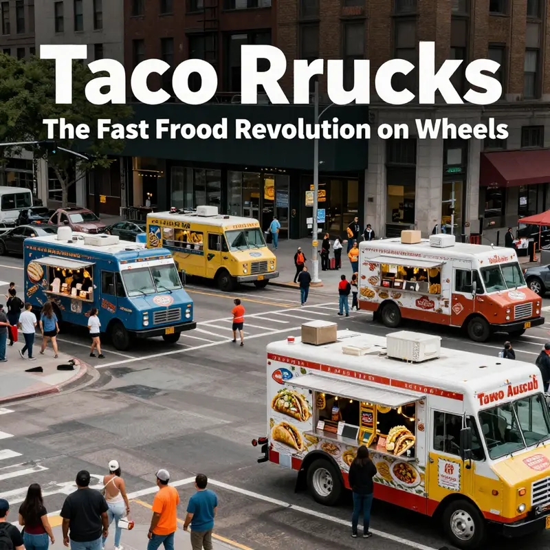 A lively taco truck scene showcasing its fast service and appeal to busy patrons.
