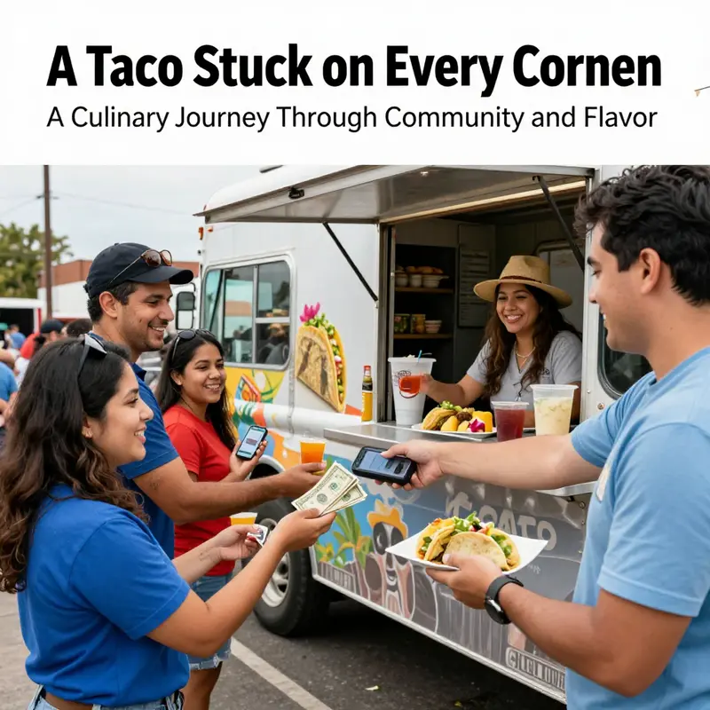 A vibrant cultural scene depicting the essence of taco trucks in a community setting.