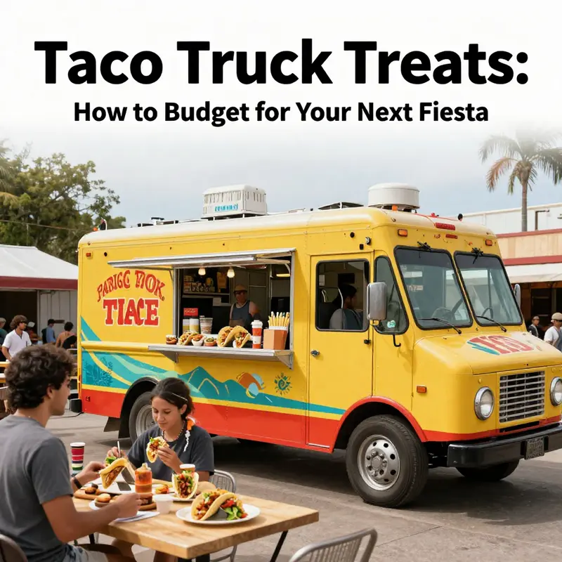 A lively taco truck experience with a crowd enjoying a variety of tacos.