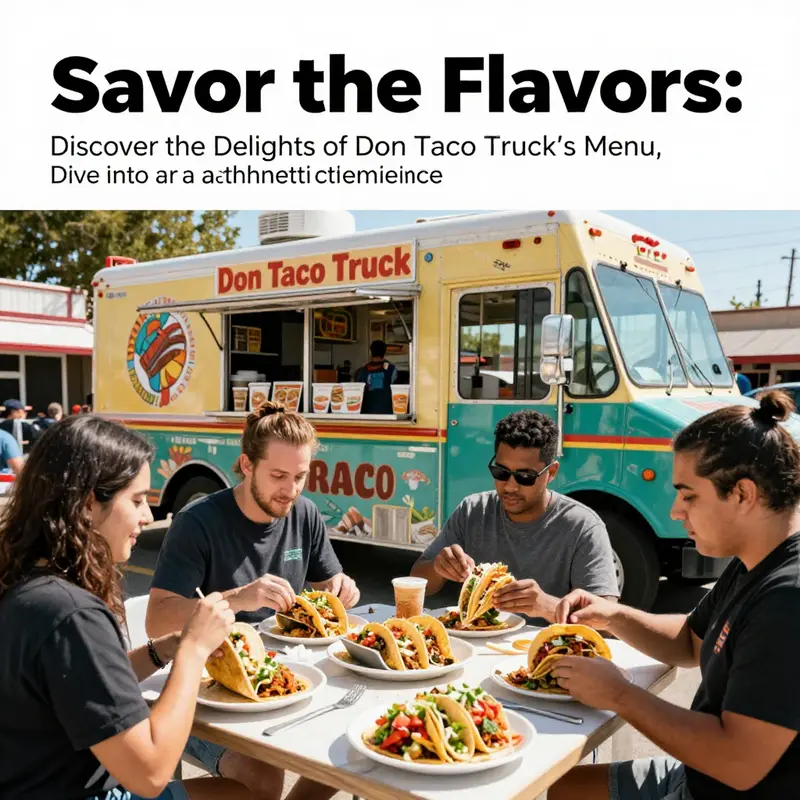 A bustling scene of happy customers enjoying delicious tacos from Don Taco Truck in a sunny outdoor setting.