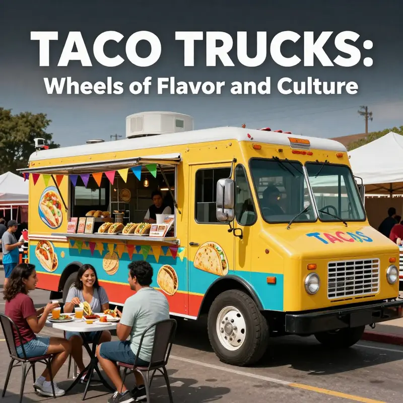 A taco truck surrounded by smiling customers at a street fair, radiating a sense of community and delicious food.