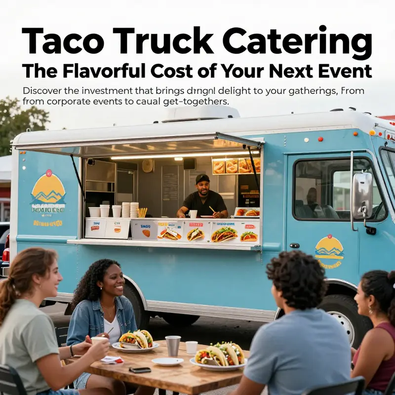 A vibrant taco truck in action, surrounded by happy customers enjoying delicious tacos.