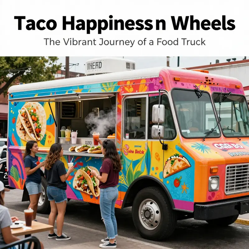 A vibrant food truck offering tacos and burritos, surrounded by happy customers enjoying their meals in an urban setting.