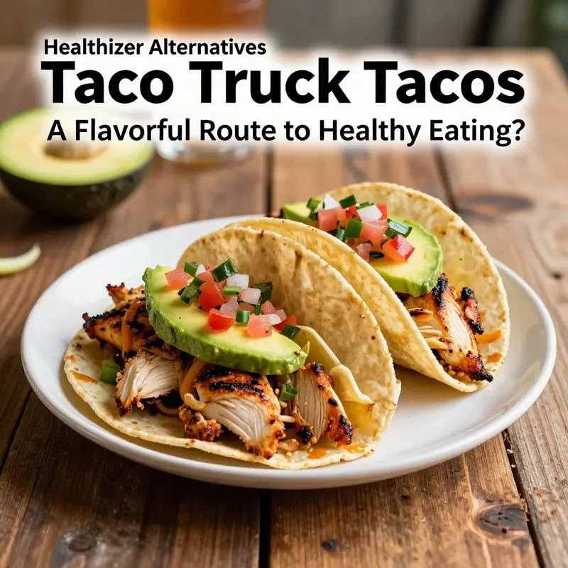 Healthy taco selections displayed at a bustling taco truck.