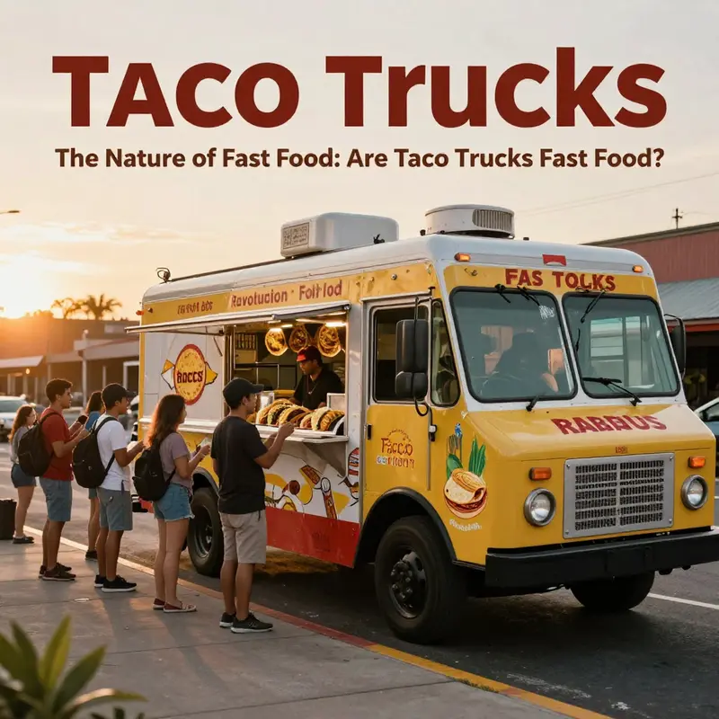 A lively taco truck scene showcasing its fast service and appeal to busy patrons.