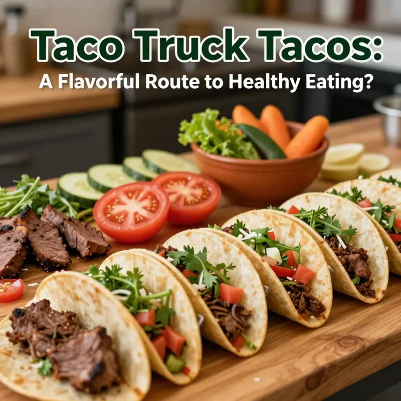Healthy taco selections displayed at a bustling taco truck.
