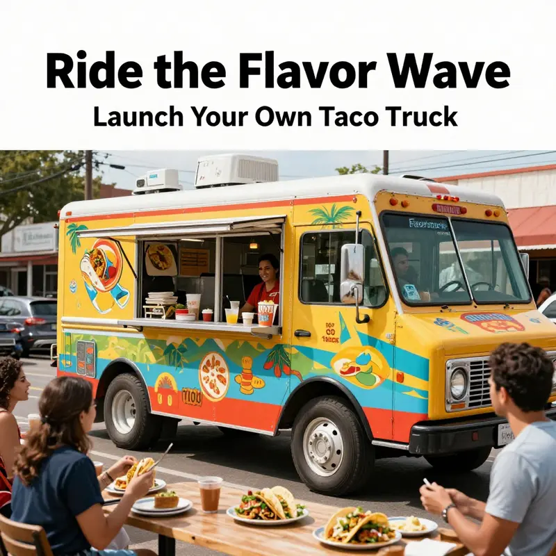 A lively taco truck surrounded by customers enjoying tacos in a bustling street environment.