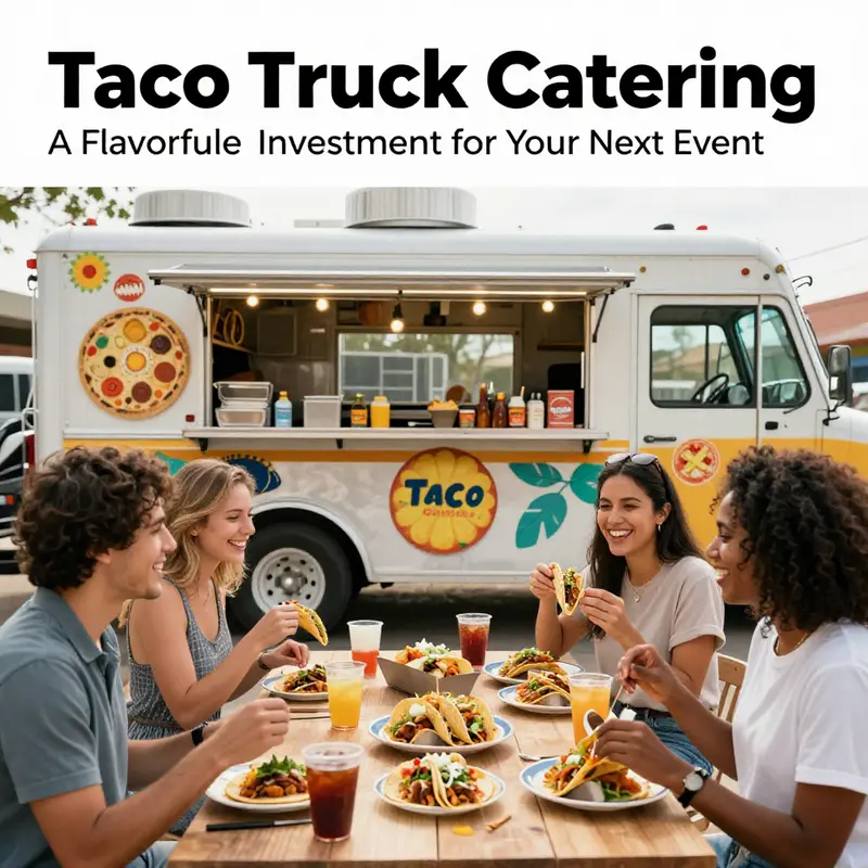 A festive taco truck serving happy customers with a diverse array of tacos in a lively community setting.