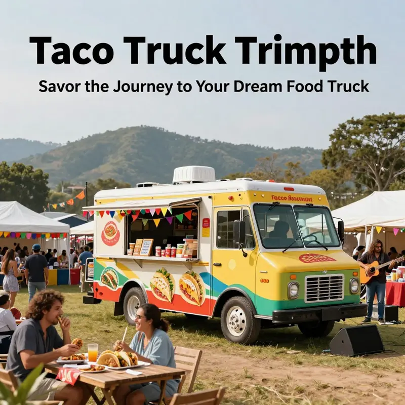 A taco truck surrounded by smiling customers at a vibrant outdoor festival.
