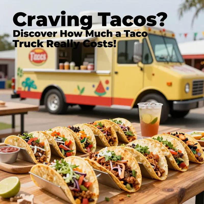 A delicious overview of different tacos on a table with a taco truck in the background, embodying culinary culture.
