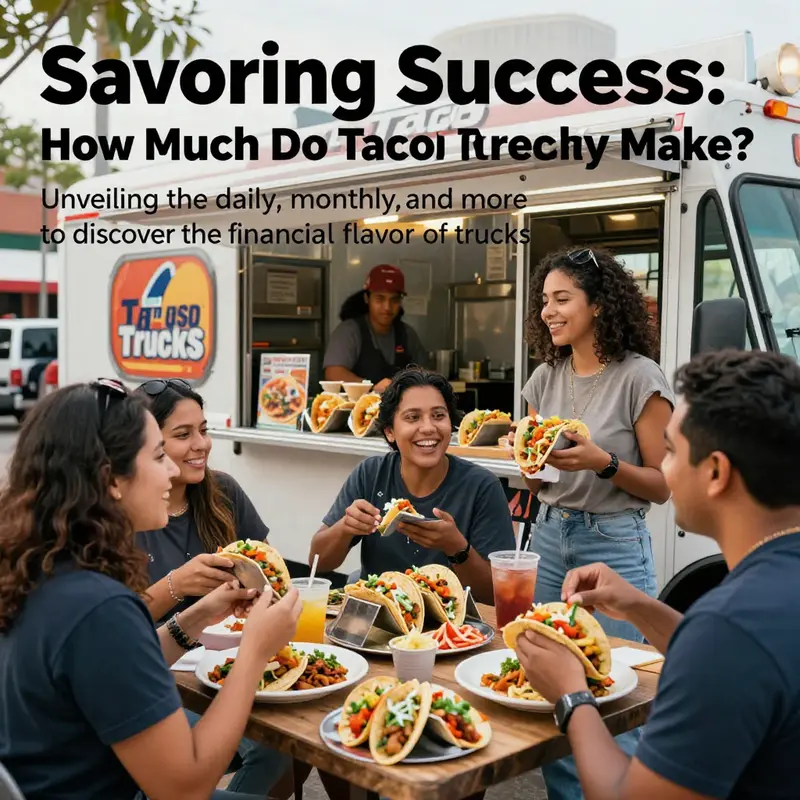 A lively taco truck with customers sharing joyful moments and enjoying tacos in a city setting.