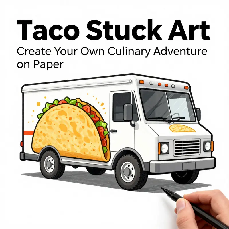 Step-by-step process of drawing a taco truck, showcasing the evolution from basic shapes to a detailed sketch.