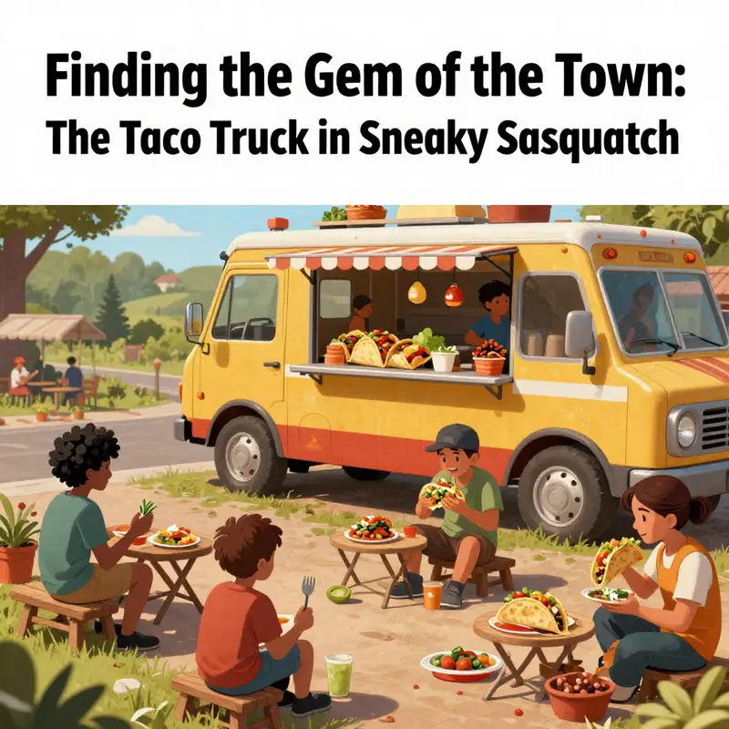 The lively setting of Sneaky Sasquatch’s taco truck, located in the heart of the town.