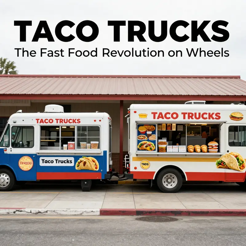 A lively taco truck scene showcasing its fast service and appeal to busy patrons.