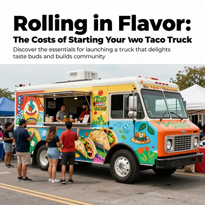 A colorful taco truck at a lively community event with people enjoying food and interaction.