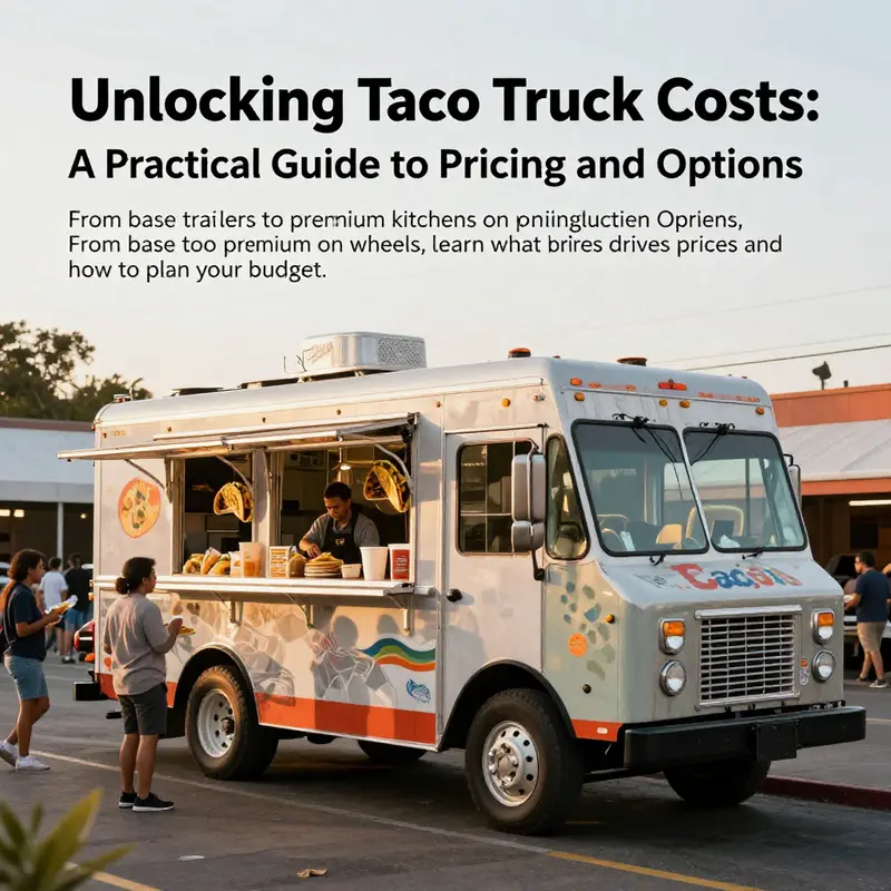 A lively taco truck surrounded by happy customers at sunset.