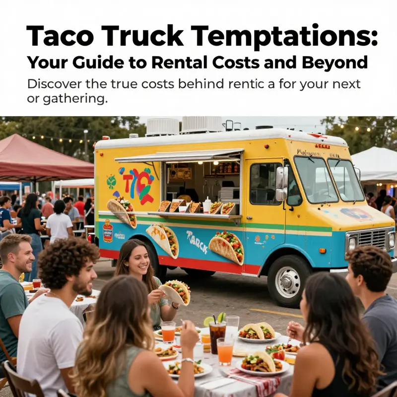 A vibrant taco truck at a festive outdoor gathering with guests enjoying tacos and sharing joyful moments.