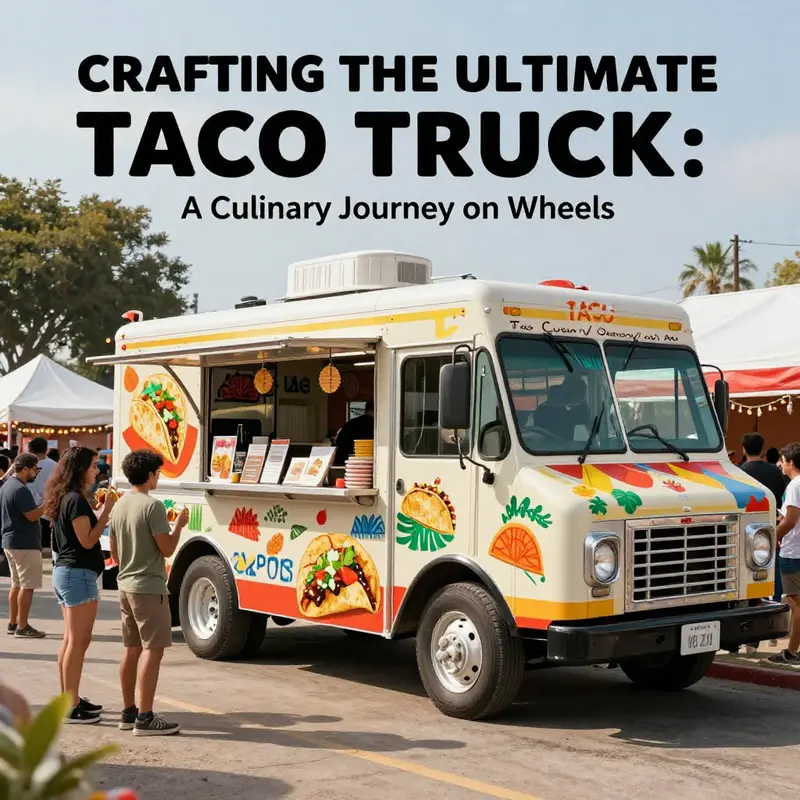 A busy taco truck at a festival with customers happily enjoying tacos amidst colorful decorations.