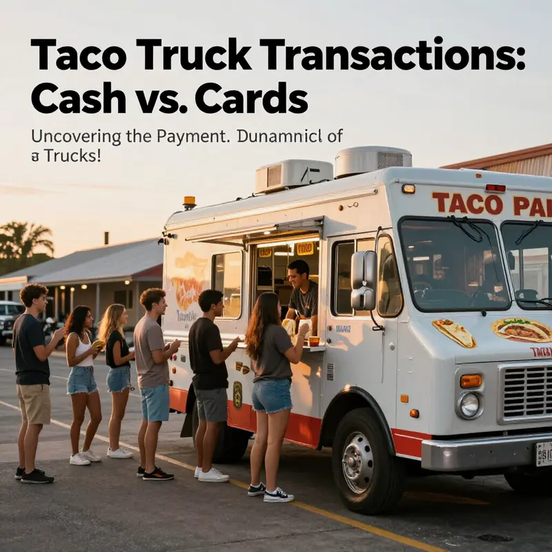 A taco truck bustling with customers at sunset, representing the lively street food atmosphere.