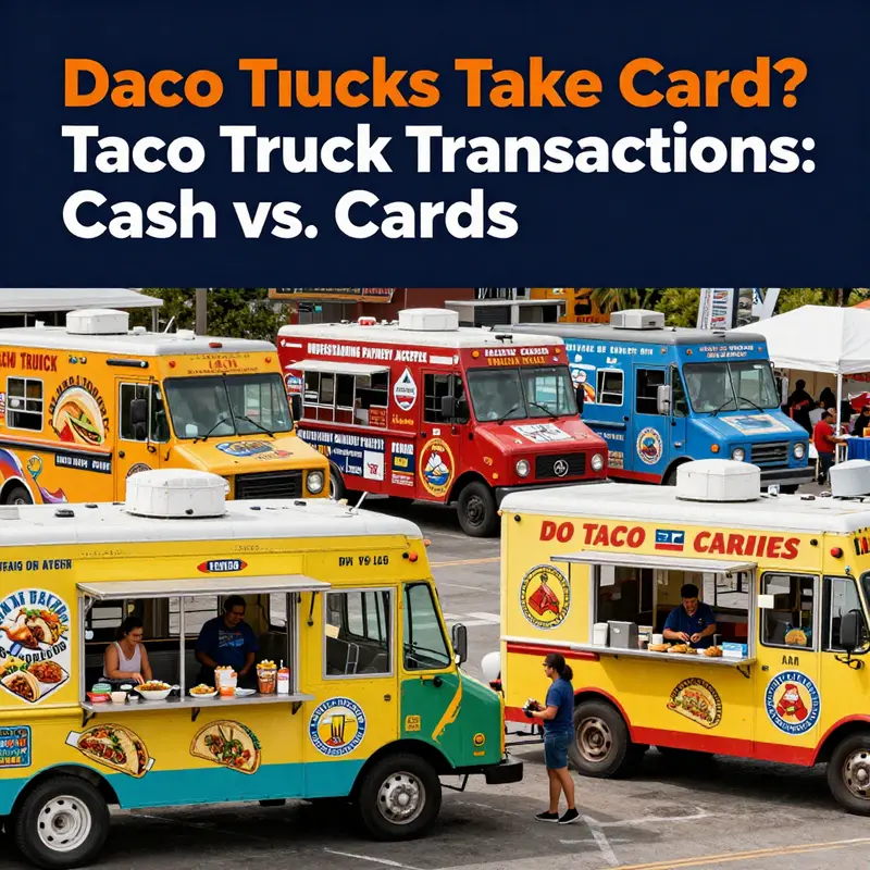 A lively taco truck scene illustrating the vibrant atmosphere and payment options available.