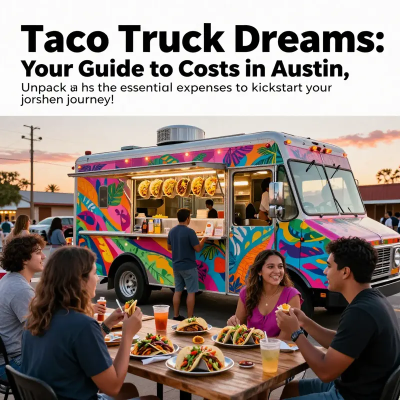A happy crowd enjoying tacos at a lively taco truck in Austin, Texas, with a beautiful sunset.